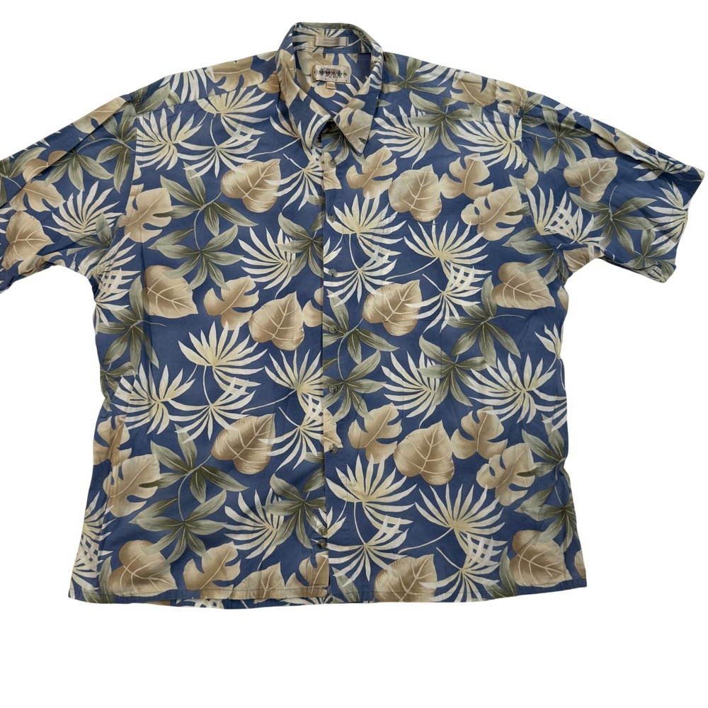 Campia Moda Mens XXL Blue Tropical Palm Leaf Cotton Shrt Sleeve Button Dwn Shirt